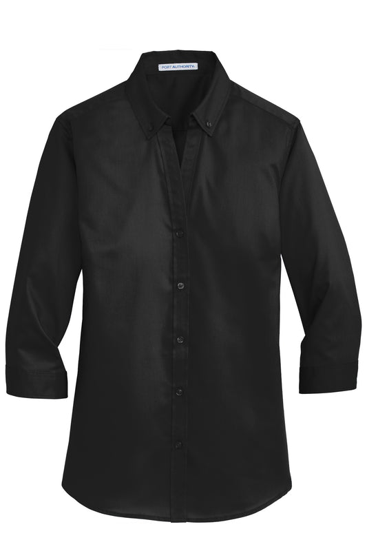Front View of Black Port Authority Women's 3/4-Sleeve SuperPro Twill Shirt. L665