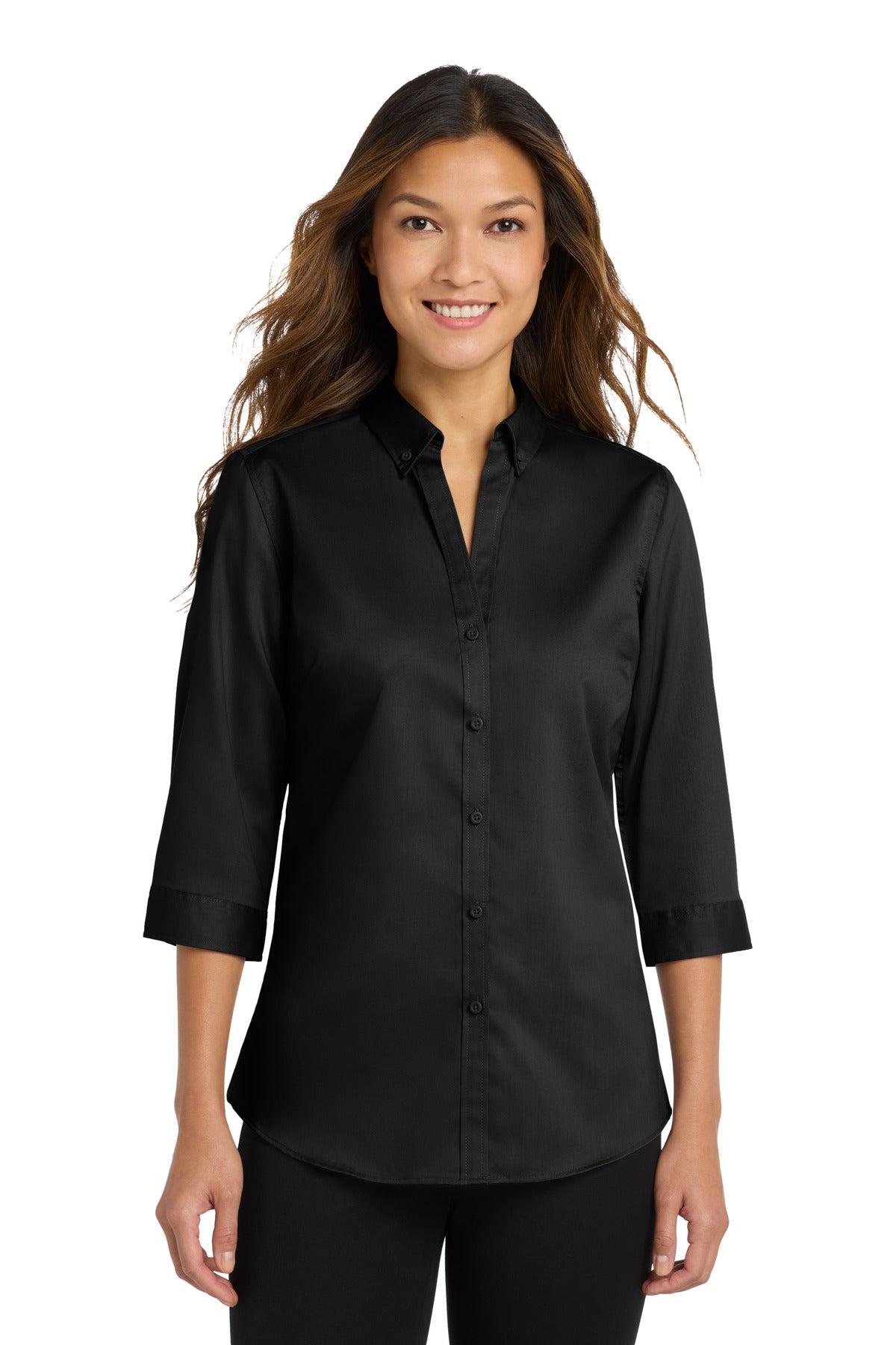 Front View of Black Port Authority Women's 3/4-Sleeve SuperPro Twill Shirt. L665