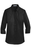 Front View of Black Port Authority Women's 3/4-Sleeve SuperPro Twill Shirt. L665
