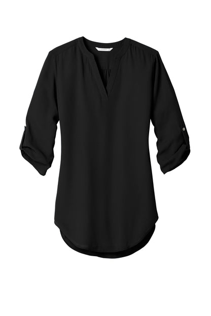 Front View of Black Port Authority Women's 3/4-Sleeve Tunic Blouse. LW701