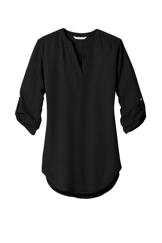 Front View of Black Port Authority Women's 3/4-Sleeve Tunic Blouse. LW701