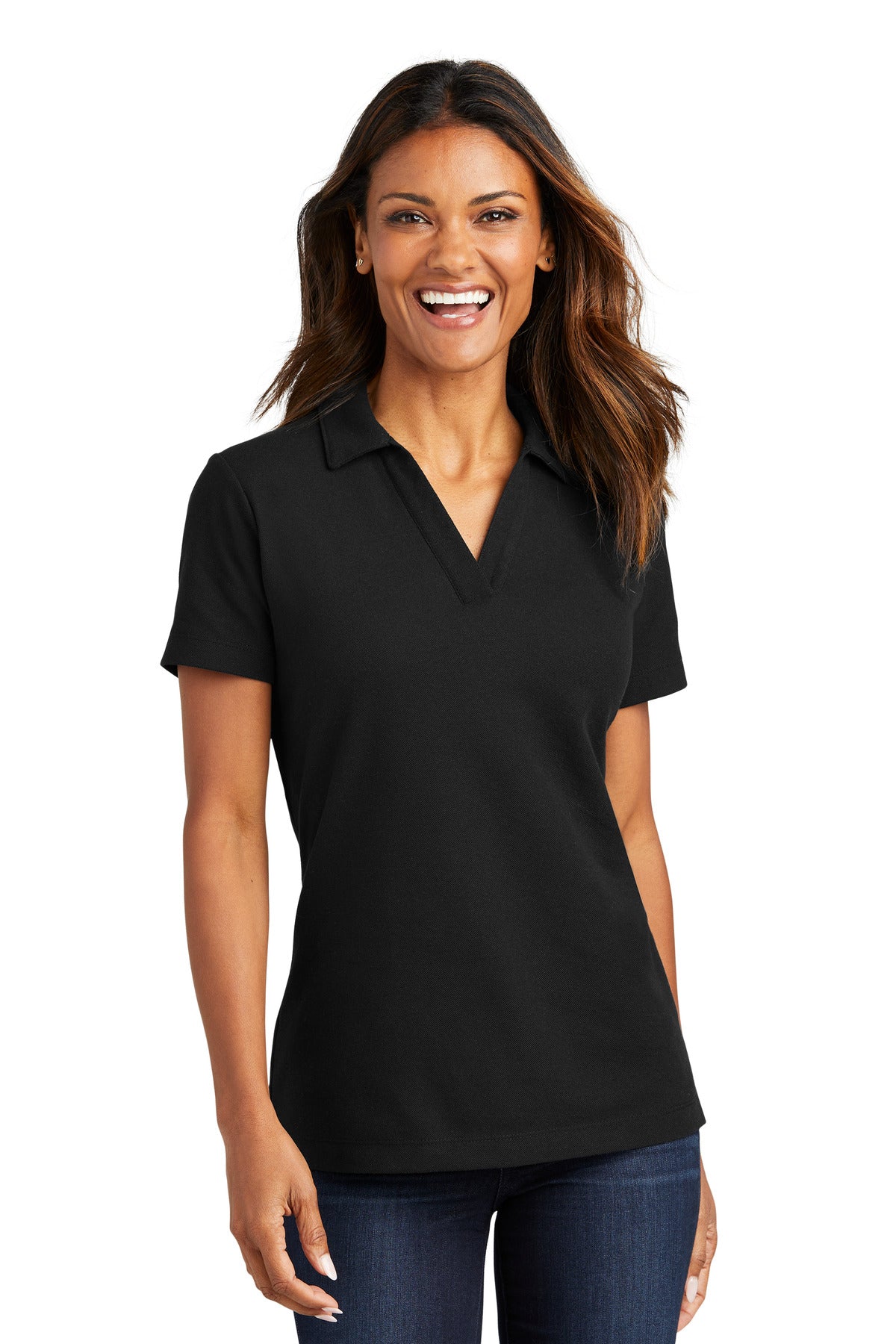 Front View of Black Port Authority Women's C-FREE Cotton Blend Pique Polo LK867