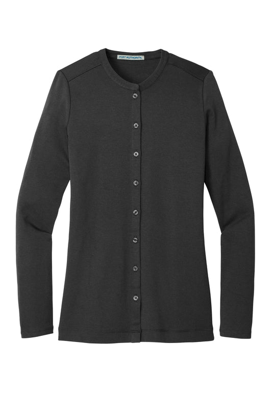Front View of Black Port Authority Women's Concept Stretch Button-Front Cardigan. LM1008