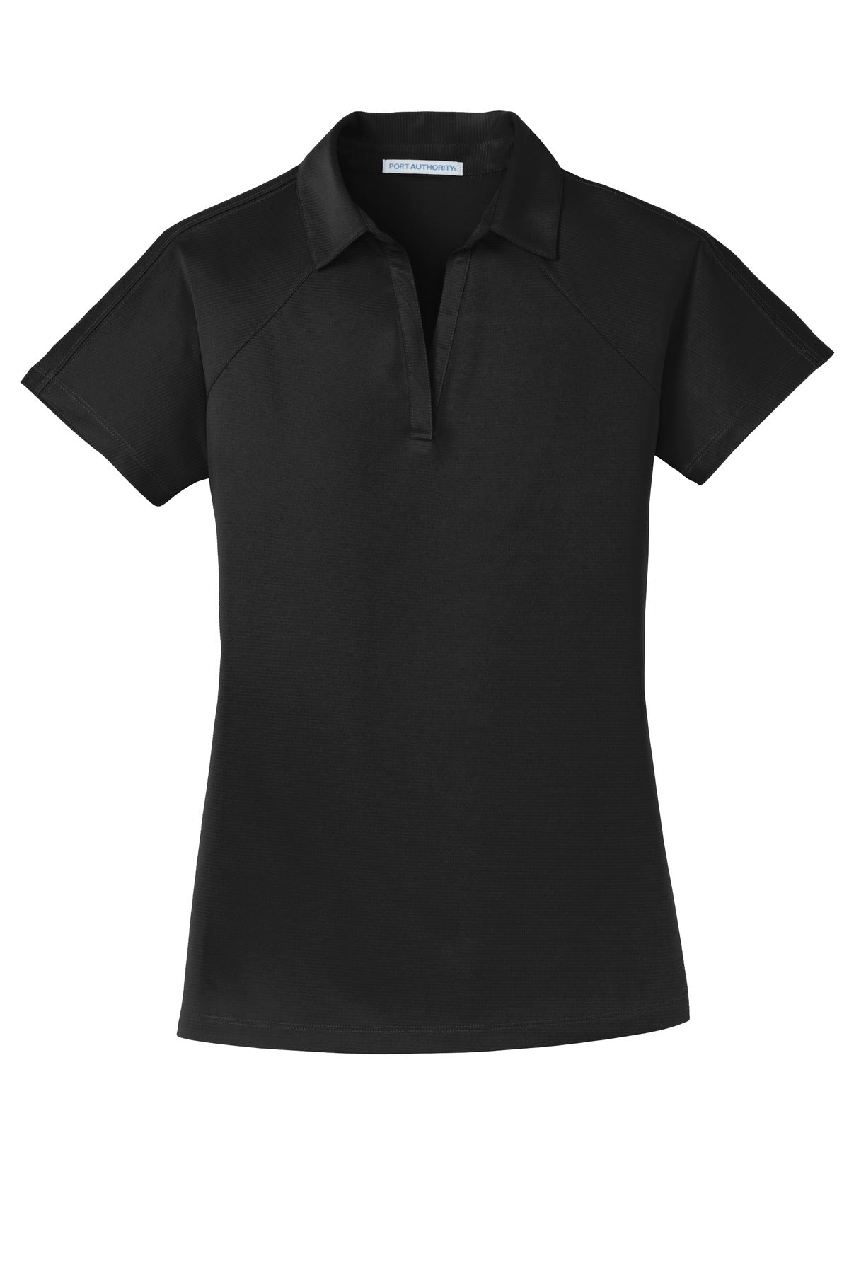 Front View of Black Port Authority Women's Crossover Raglan Polo. L575
