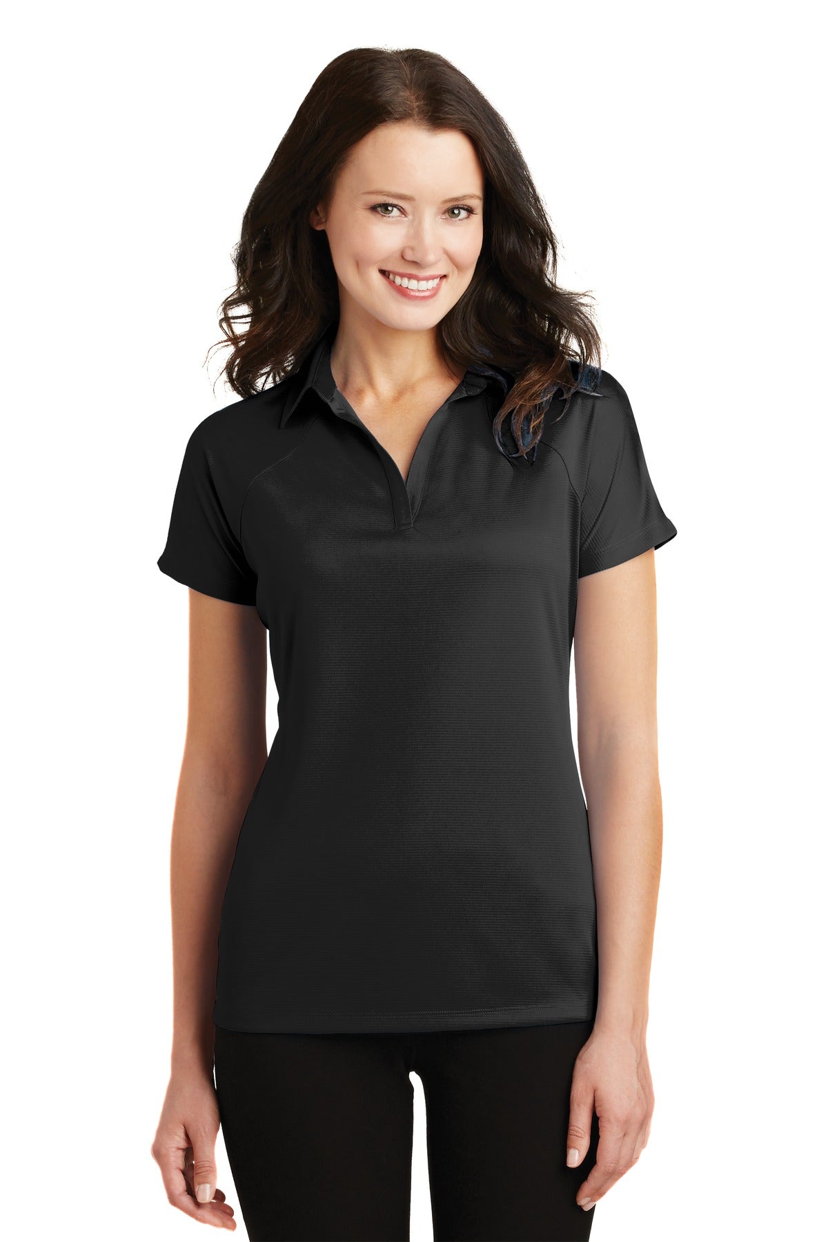 Front View of Black Port Authority Women's Crossover Raglan Polo. L575