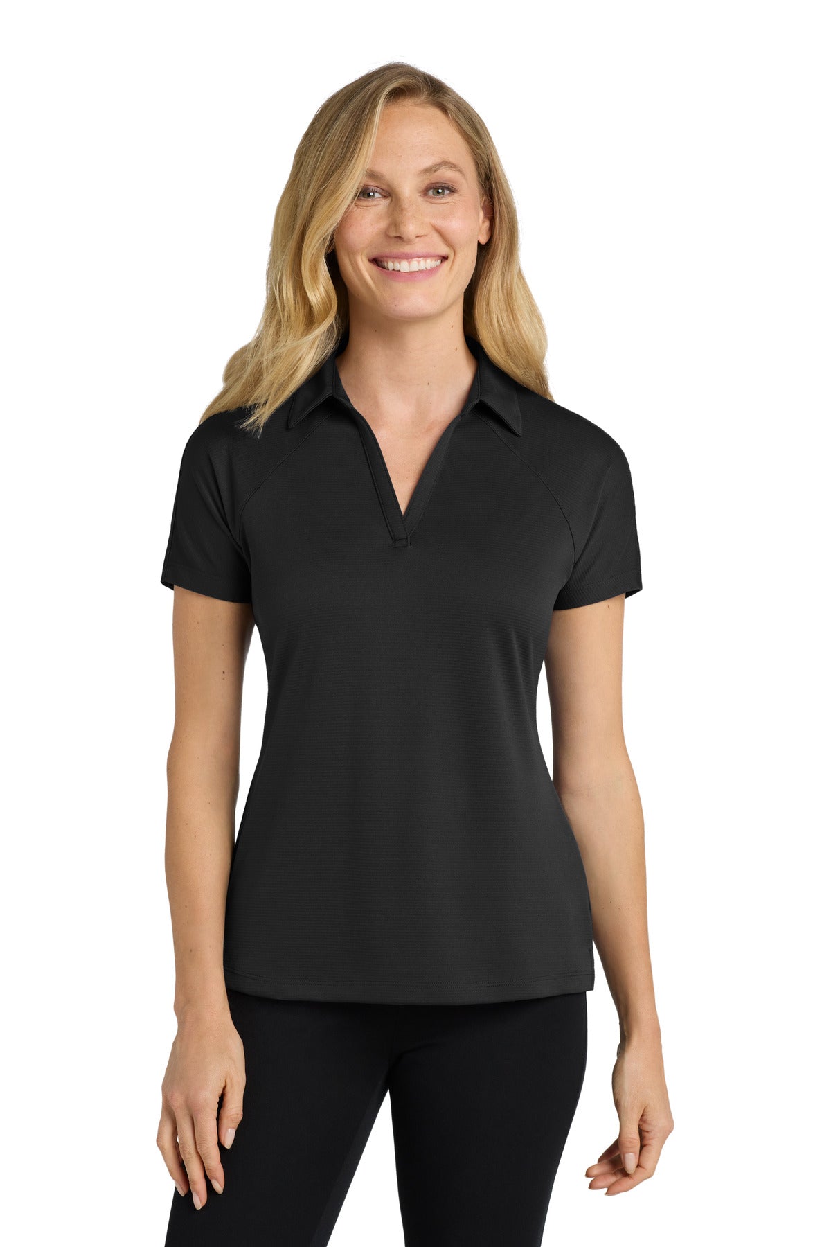 Front View of Black Port Authority Women's Crossover Raglan Polo. L575
