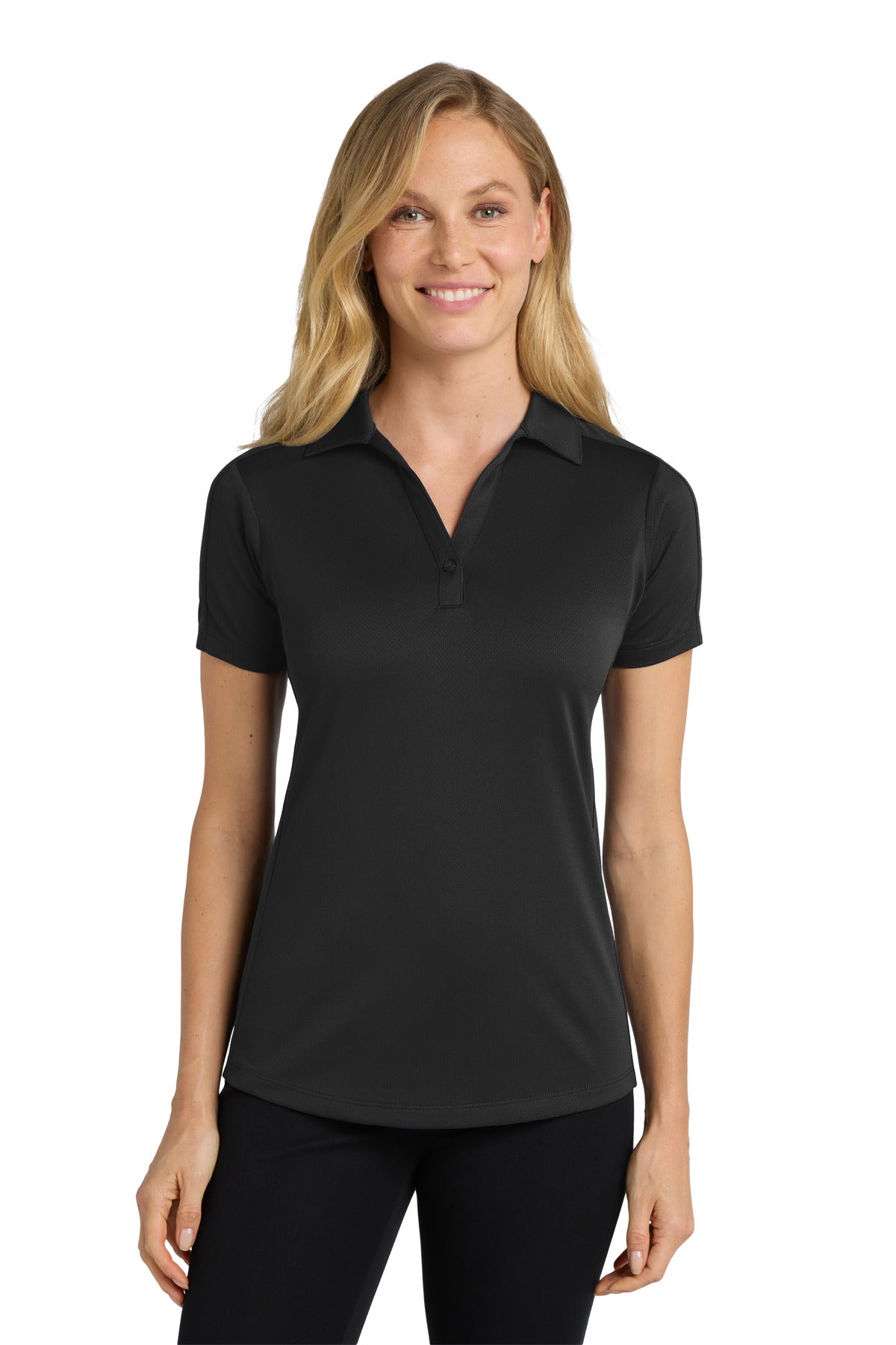 Front View of Black Port Authority Women's Diamond Jacquard Polo. L569
