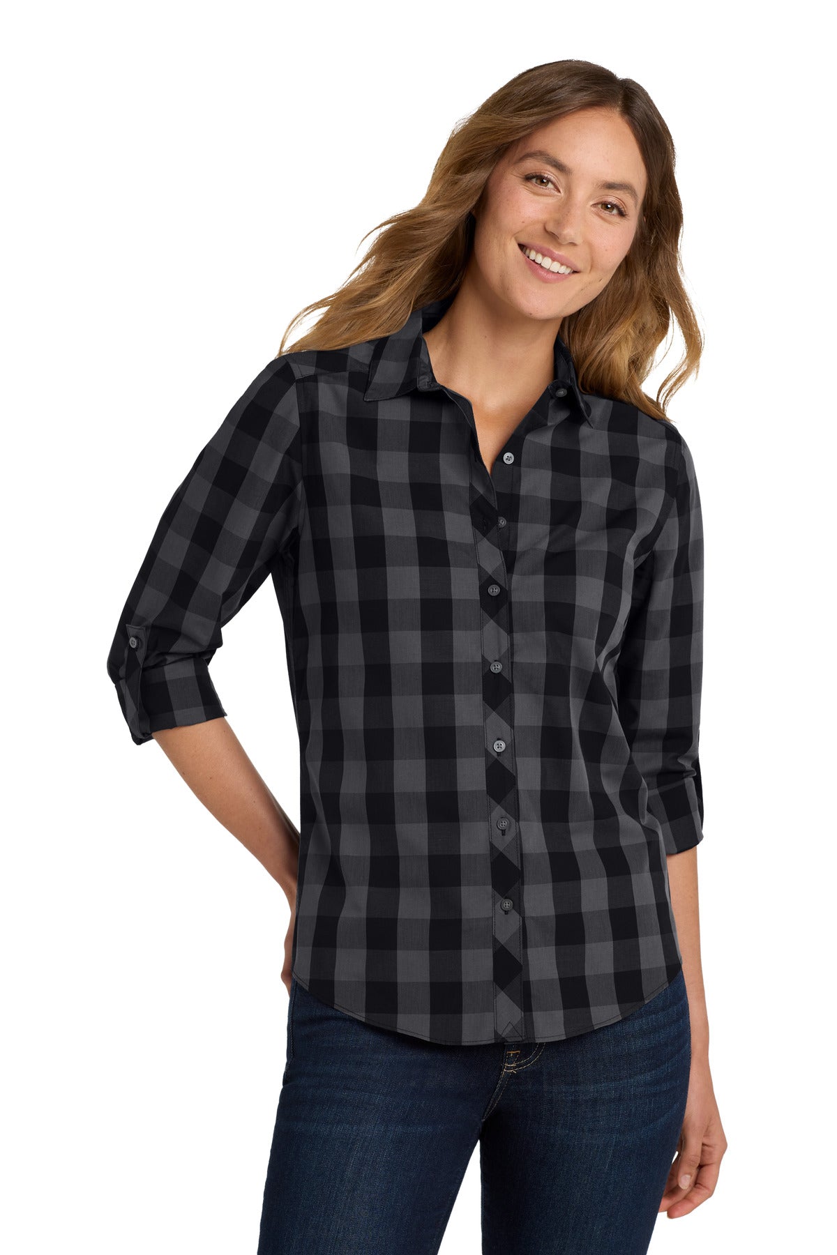 Front View of Black Port Authority Women's Everyday Plaid Shirt. LW670