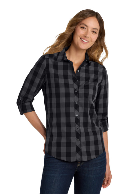 Front View of Black Port Authority Women's Everyday Plaid Shirt. LW670