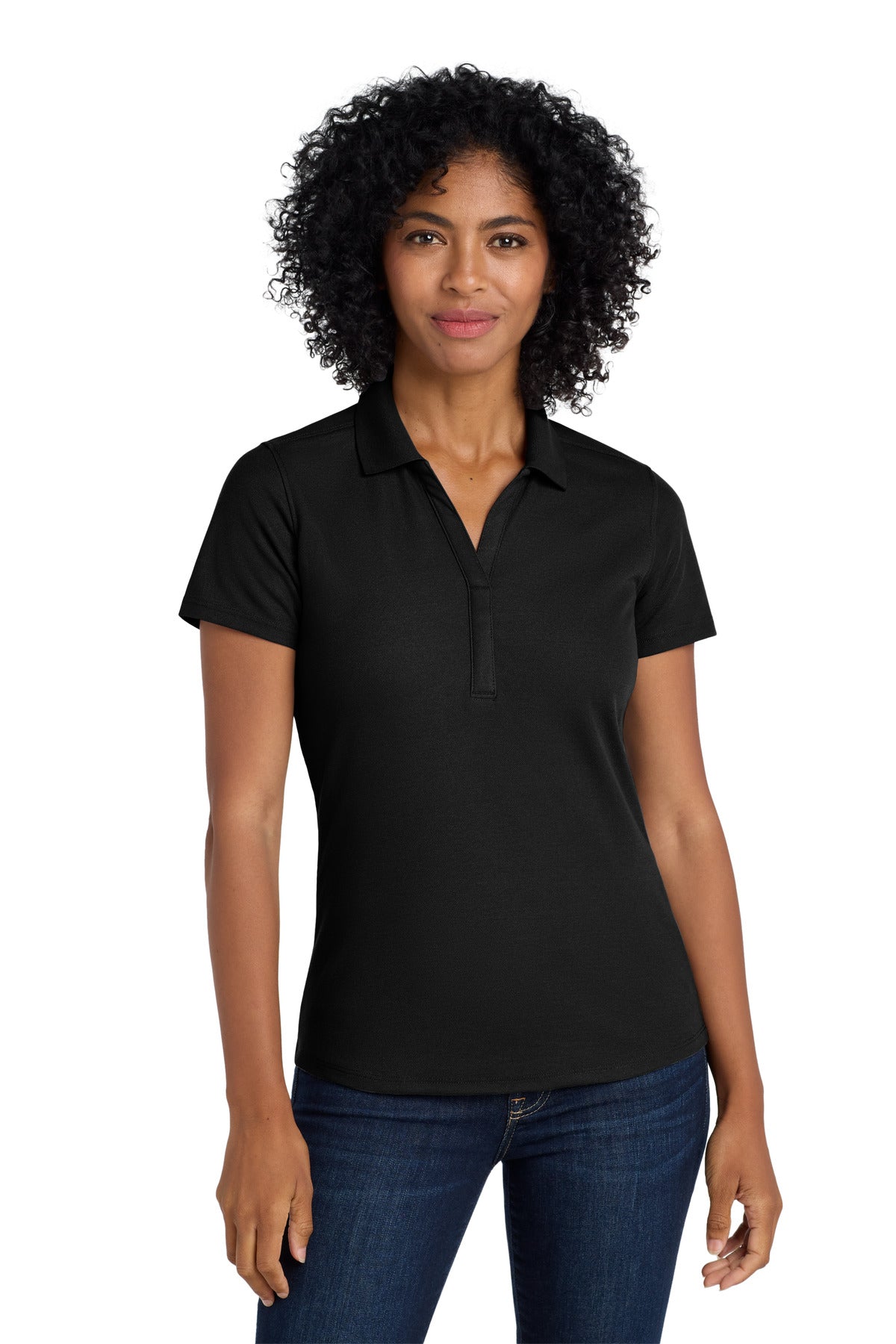 Front View of Black Port Authority Women's EZPerformance Pique Polo. LK600