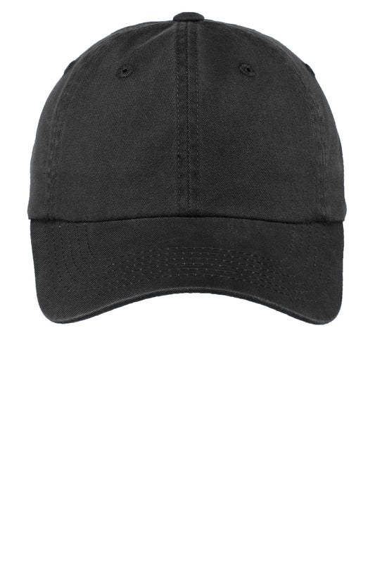 Front View of Black Port Authority Women's Garment-Washed Cap. LPWU