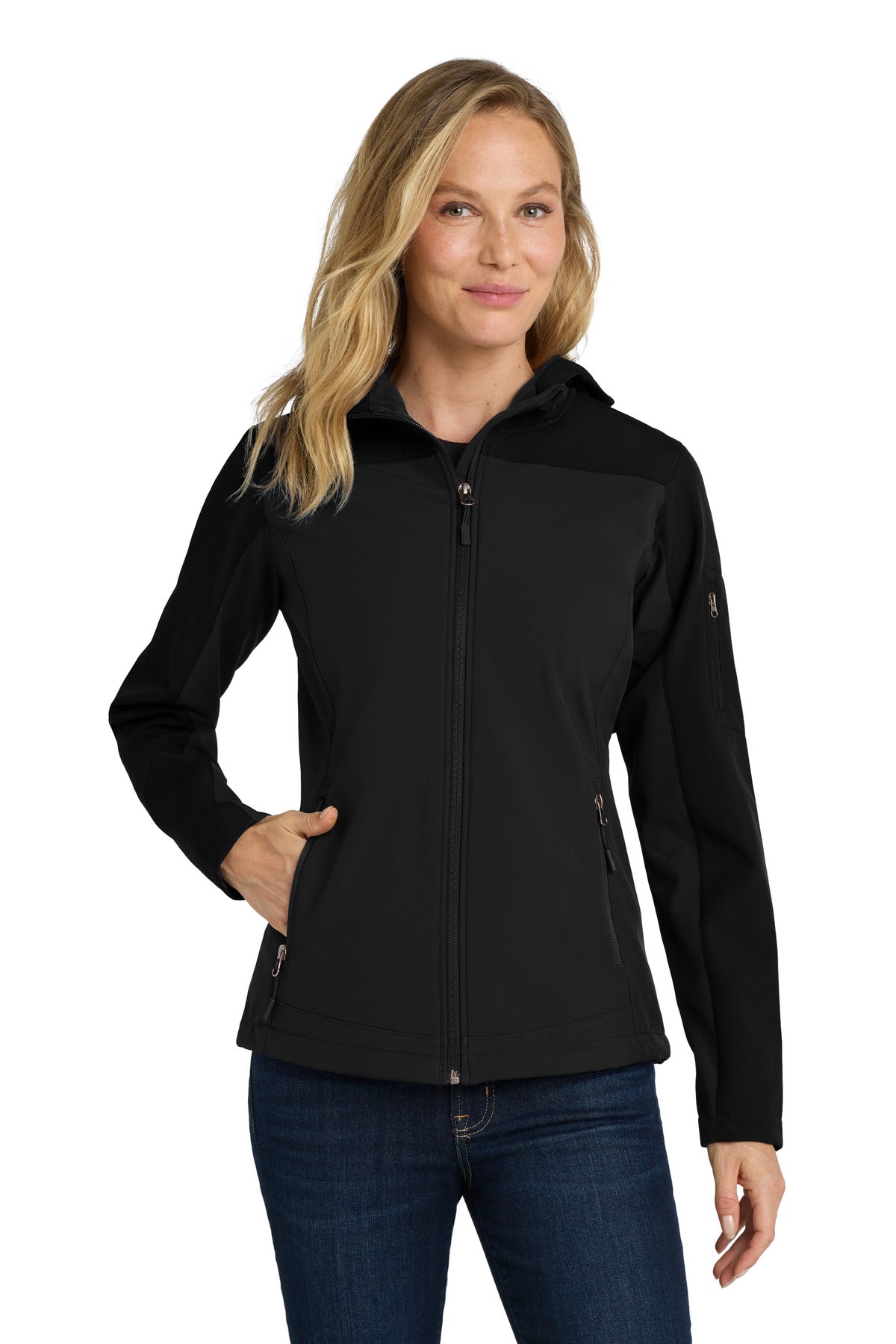 Front View of Black Port Authority Women's Hooded Core Soft Shell Jacket. L335