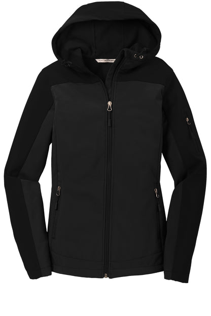 Front View of Black Port Authority Women's Hooded Core Soft Shell Jacket. L335