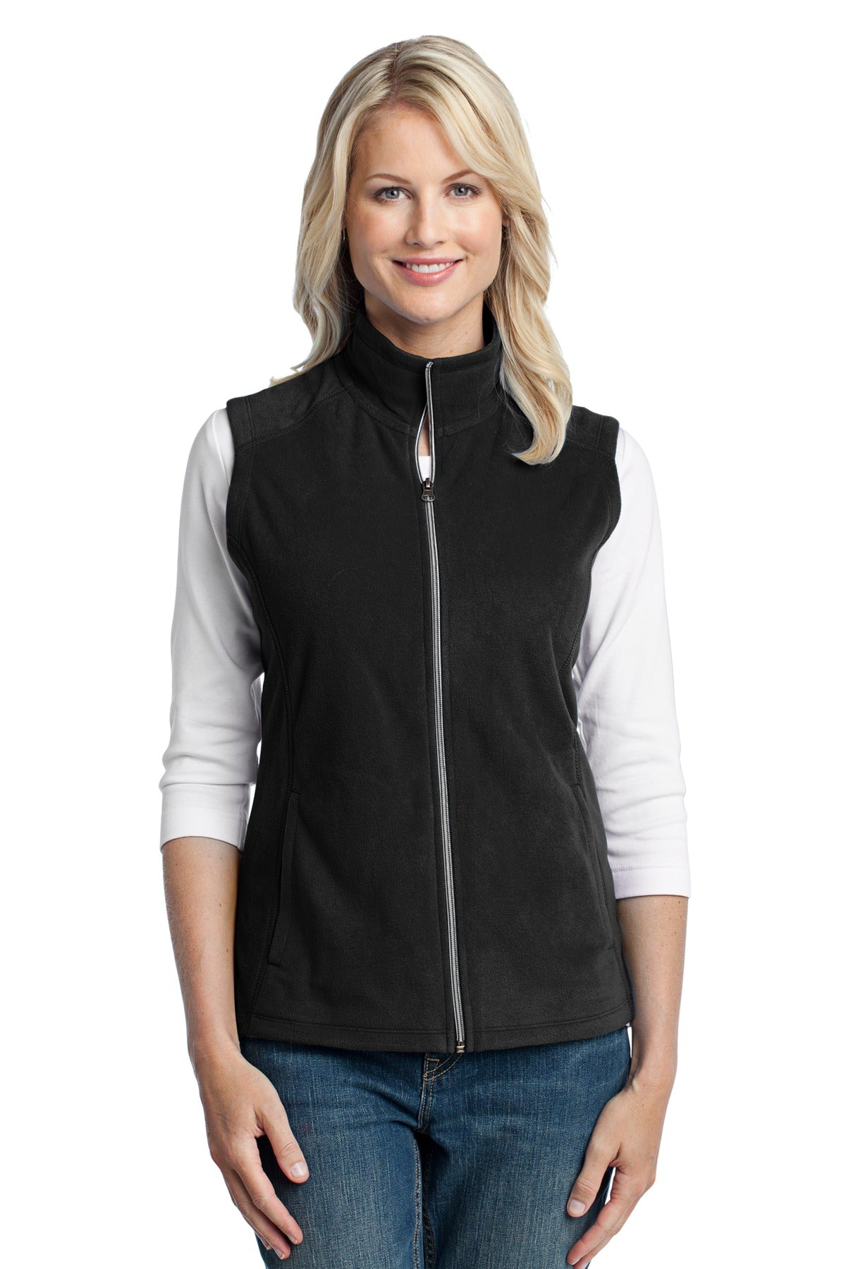 Front View of Black Port Authority Women's Microfleece Vest. L226