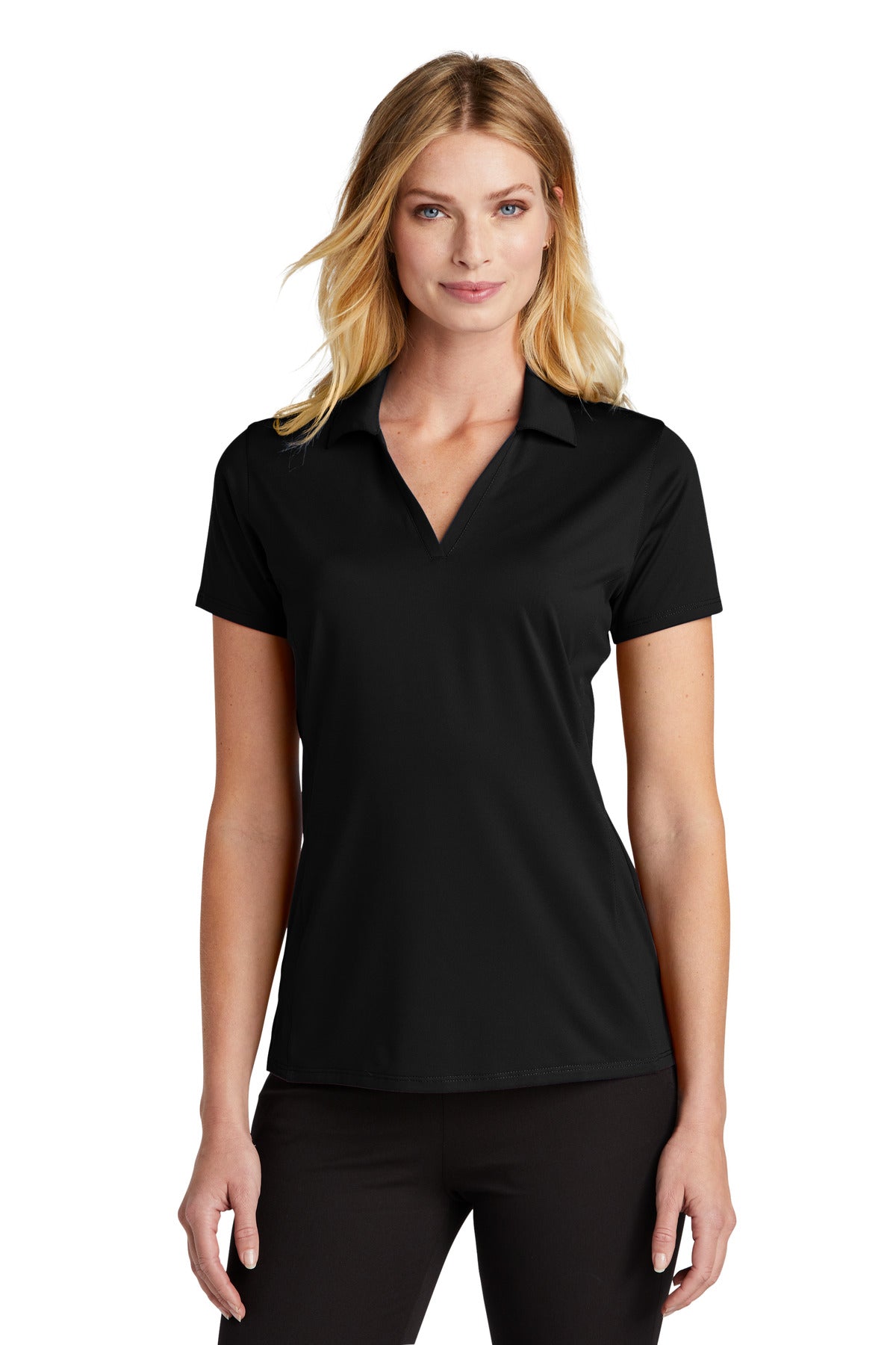 Front View of Black Port Authority Women's Performance Staff Polo LK398