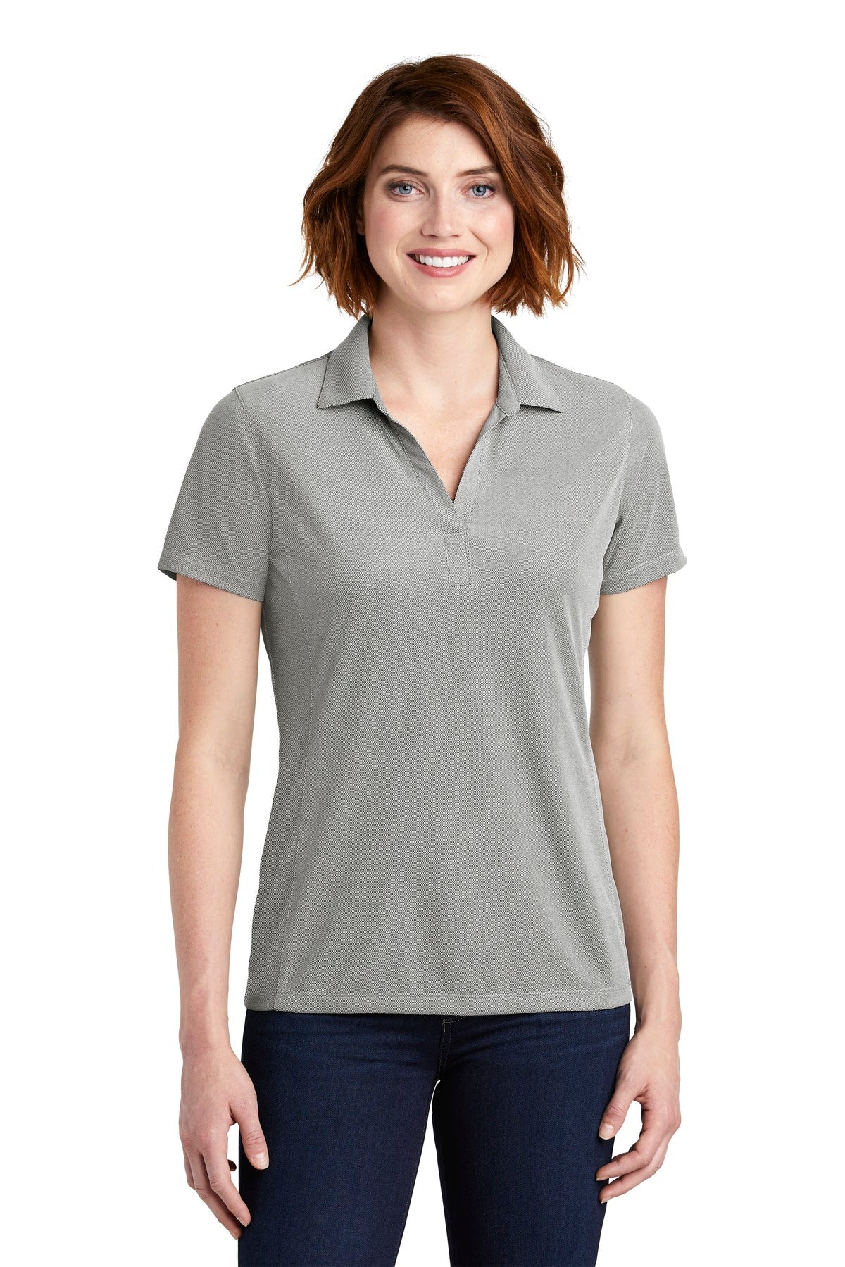 Front View of Black Port Authority Women's Poly Oxford Pique Polo. LK582