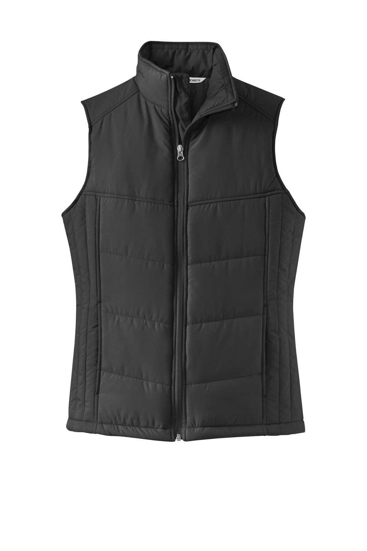 Front View of Black Port Authority Women's Puffy Vest. L709