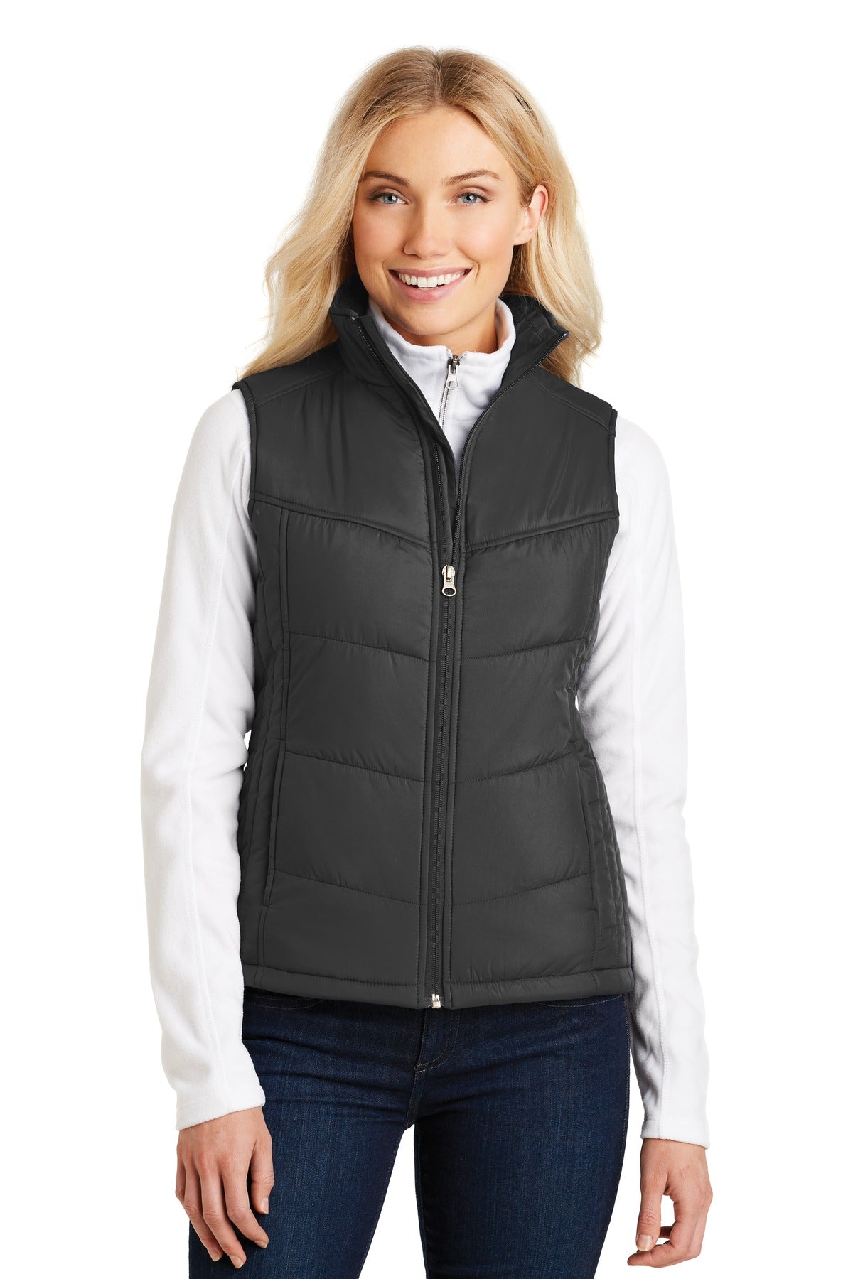 Front View of Black Port Authority Women's Puffy Vest. L709