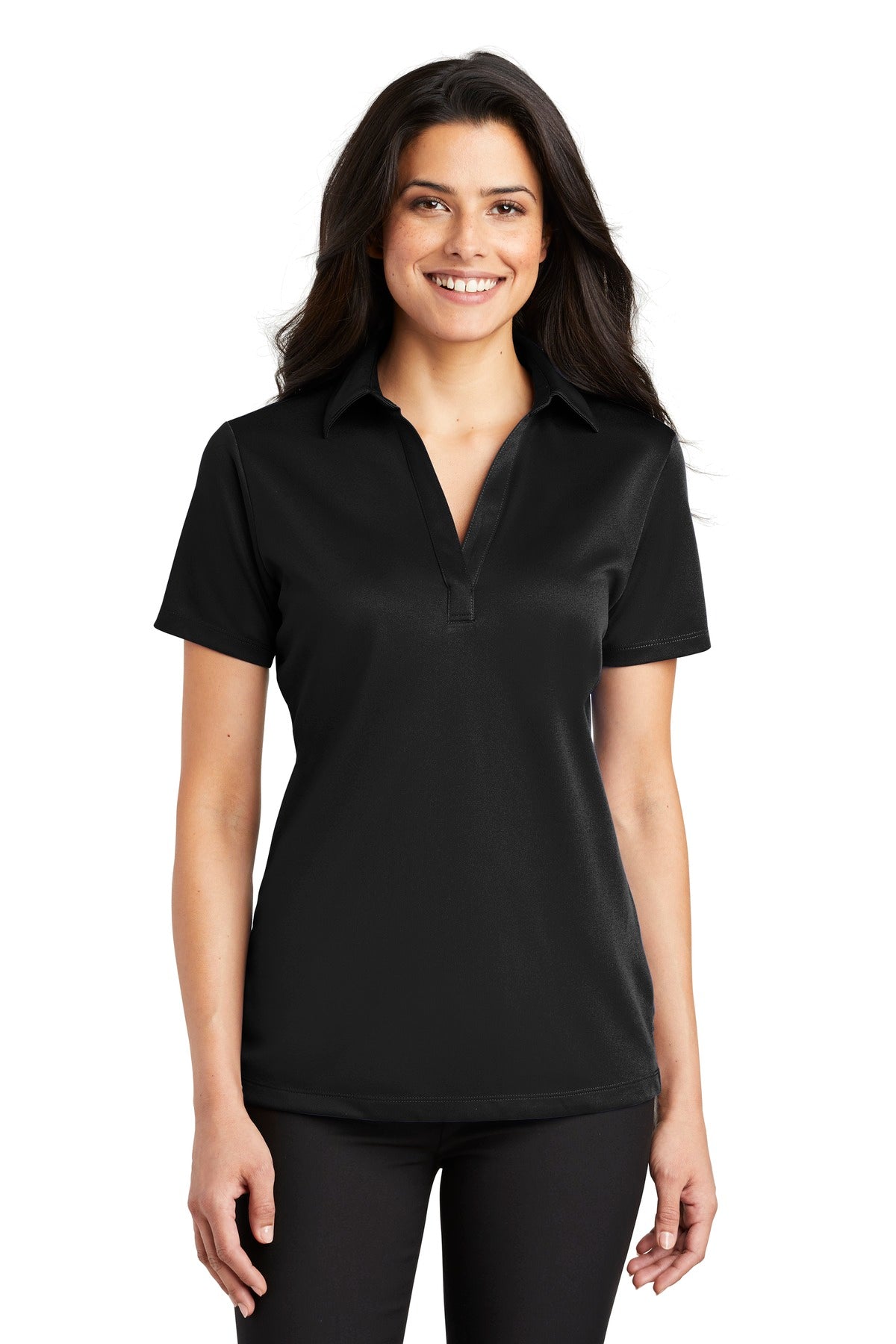 Front View of Black Port Authority Women's Silk Touch Performance Polo. L540