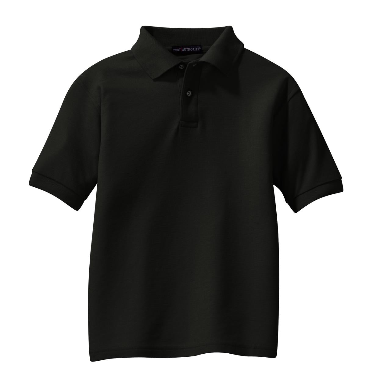 Front View of Black Port Authority Youth Silk Touch Polo. Y500