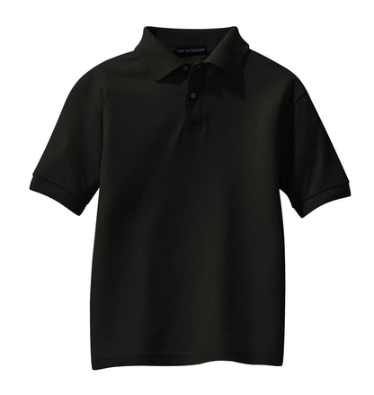 Front View of Black Port Authority Youth Silk Touch Polo. Y500