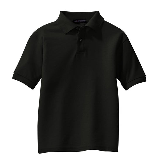 Front View of Black Port Authority Youth Silk Touch Polo. Y500