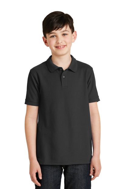 Front View of Black Port Authority Youth Silk Touch Polo. Y500
