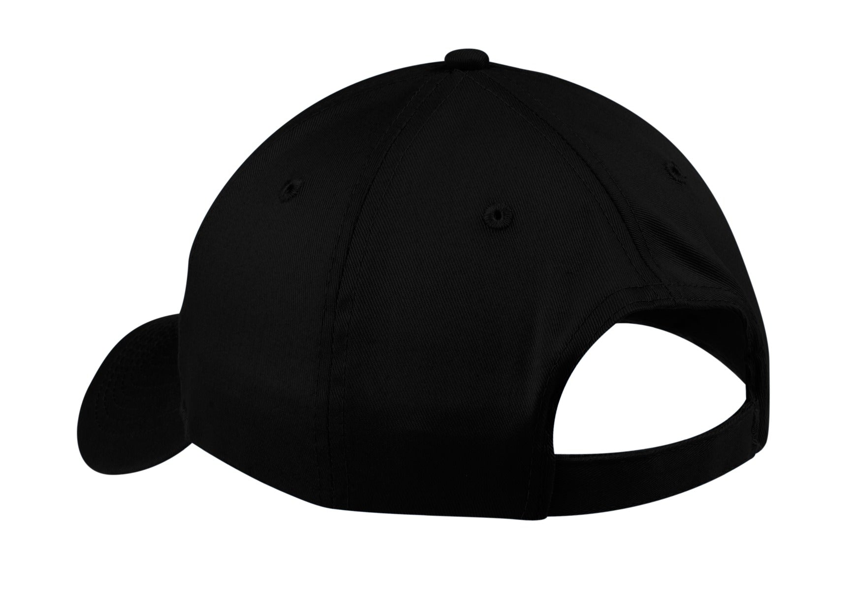 Front View of Black Port & Company Six-Panel Twill Cap. CP80