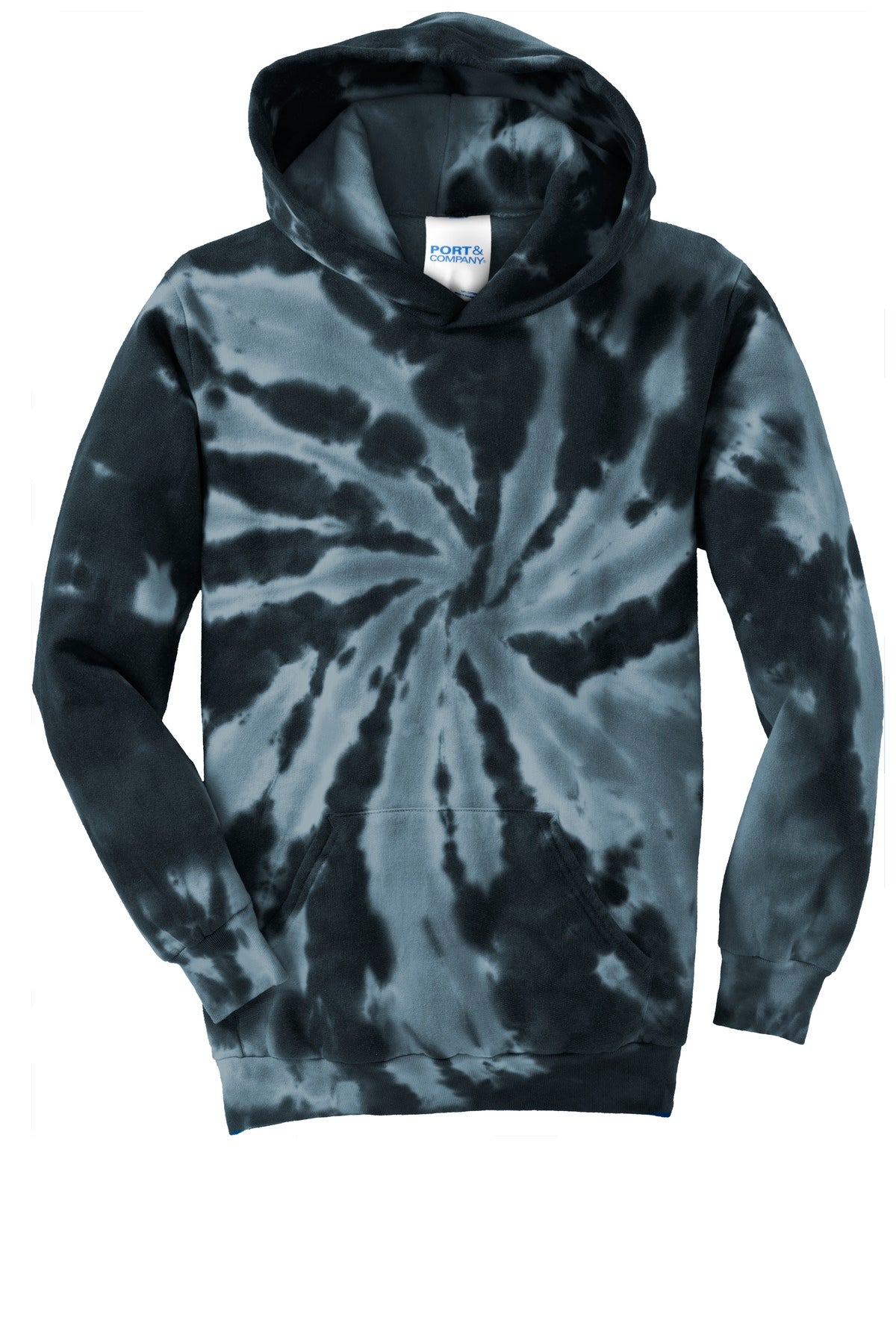 Front View of Black Port & Company Youth Tie-Dye Pullover Hooded Sweatshirt. PC146Y