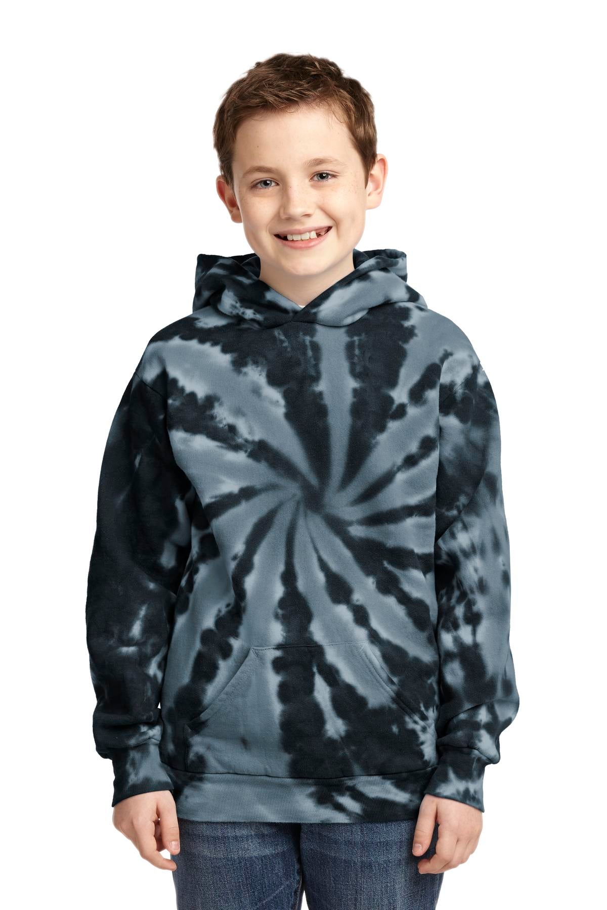Front View of Black Port & Company Youth Tie-Dye Pullover Hooded Sweatshirt. PC146Y