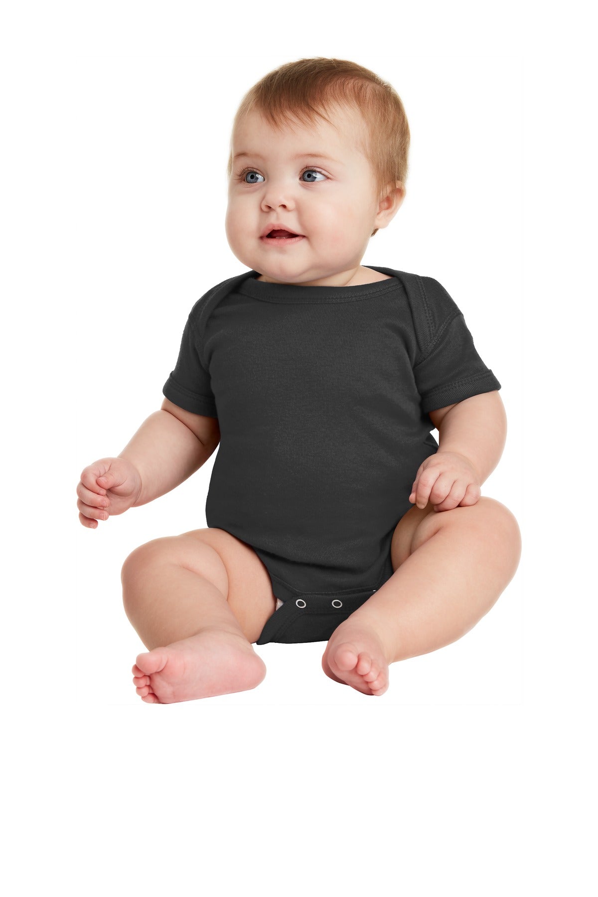 Front View of Black Rabbit Skins Infant Short Sleeve Baby Rib Bodysuit. RS4400