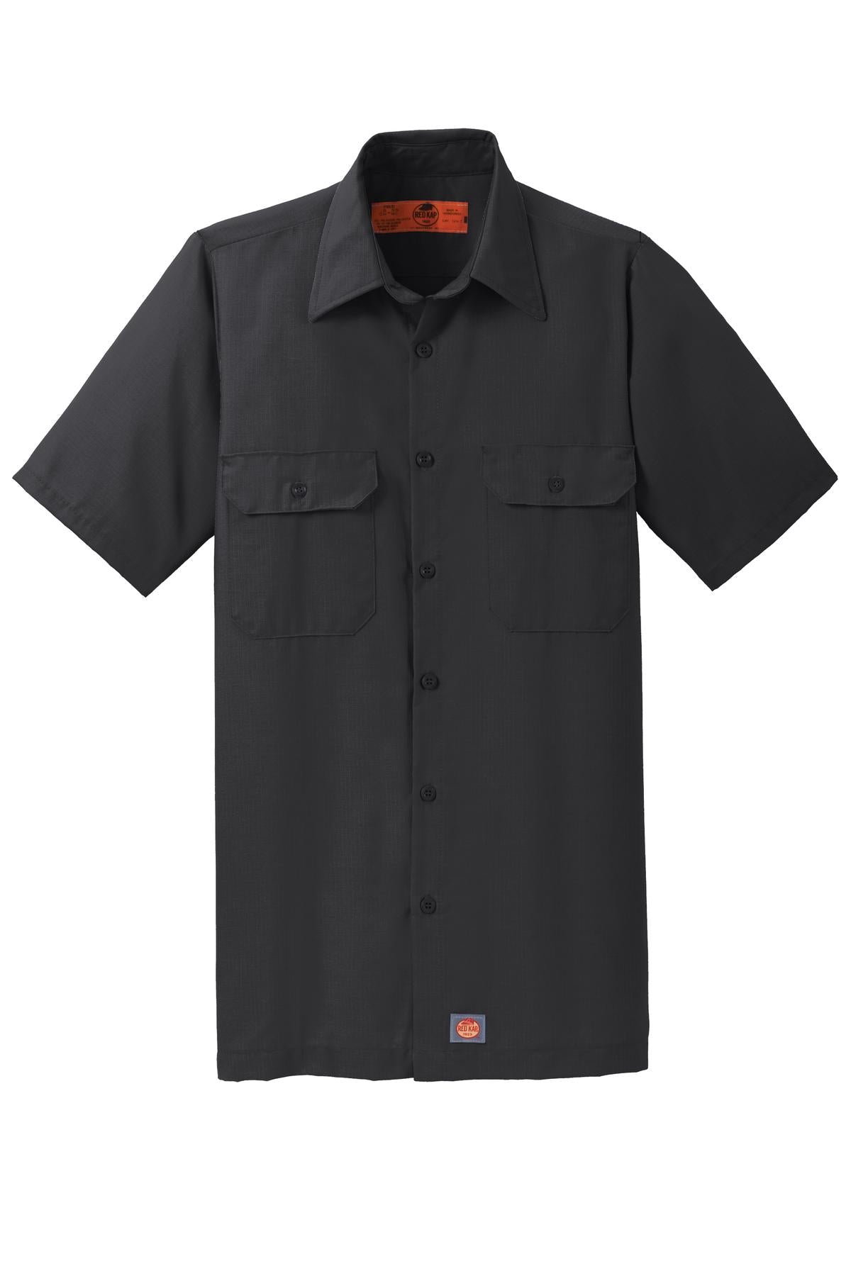 Front View of Black Red Kap Short Sleeve Solid Ripstop Shirt. SY60