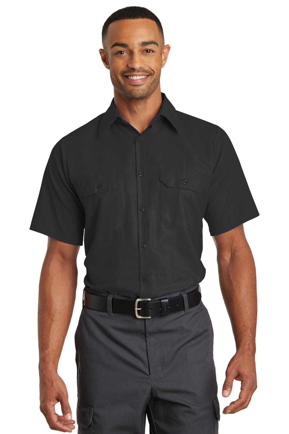 Front View of Black Red Kap Short Sleeve Solid Ripstop Shirt. SY60