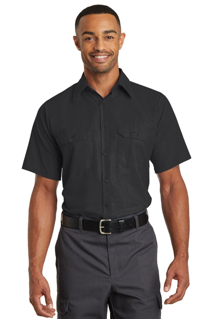 Front View of Black Red Kap Short Sleeve Solid Ripstop Shirt. SY60