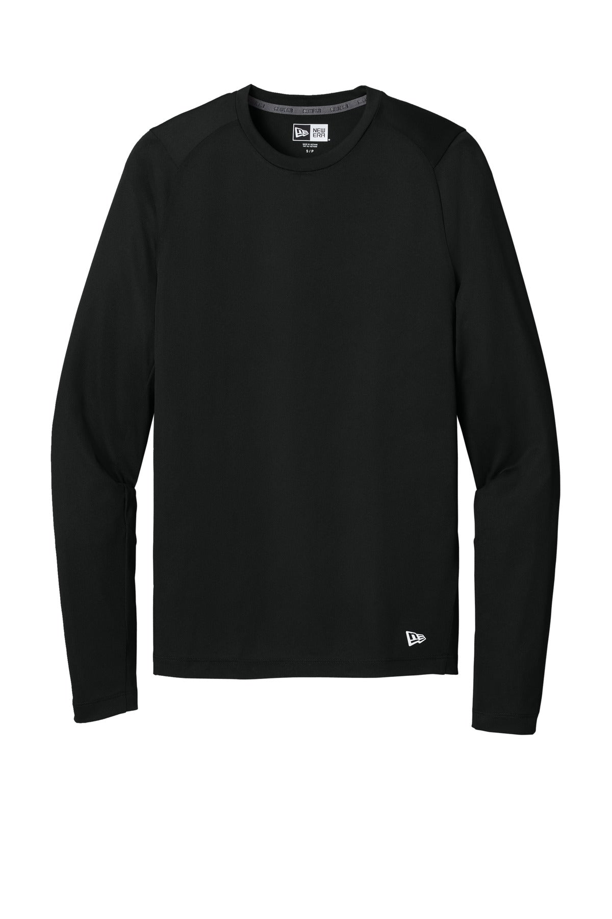 Front View of Black Solid New Era Series Performance Long Sleeve Crew Tee. NEA201