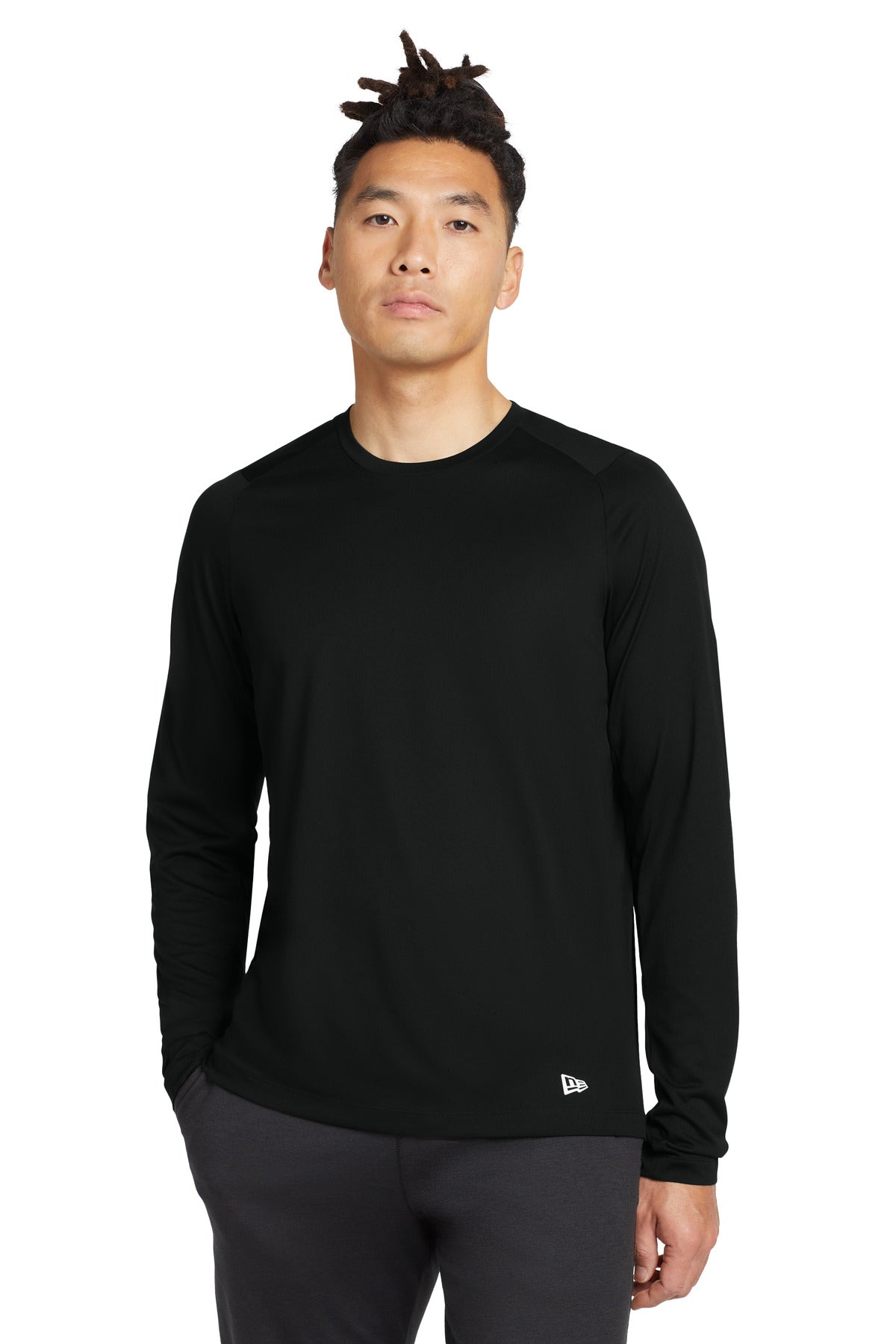 Front View of Black Solid New Era Series Performance Long Sleeve Crew Tee. NEA201