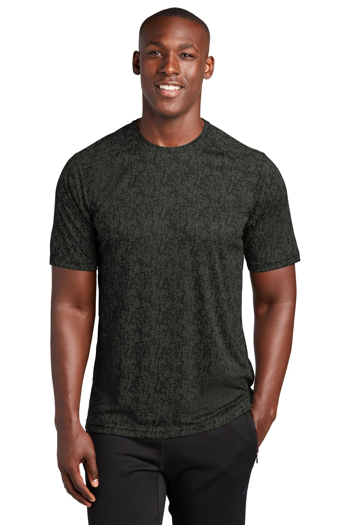 Front View of Black Sport-Tek Digi Camo Tee. ST460