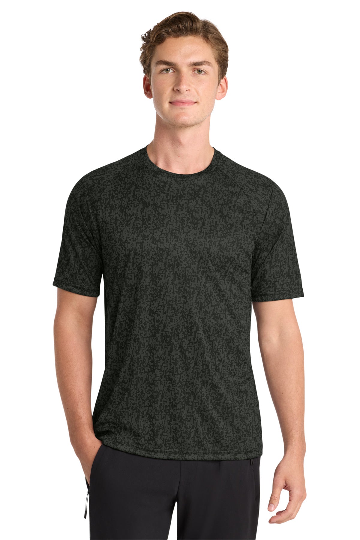 Front View of Black Sport-Tek Digi Camo Tee. ST460