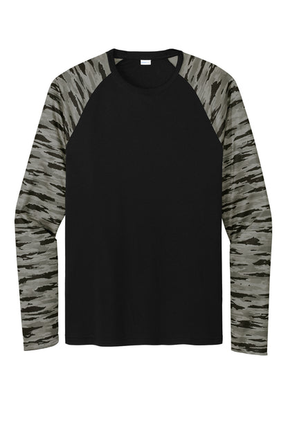 Front View of Black Sport-Tek Drift Camo Colorblock Long Sleeve Tee ST376LS