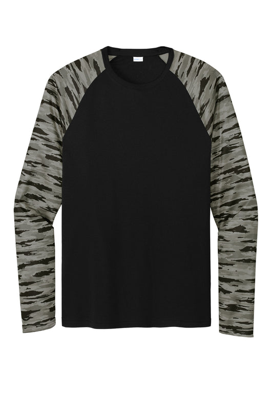 Front View of Black Sport-Tek Drift Camo Colorblock Long Sleeve Tee ST376LS