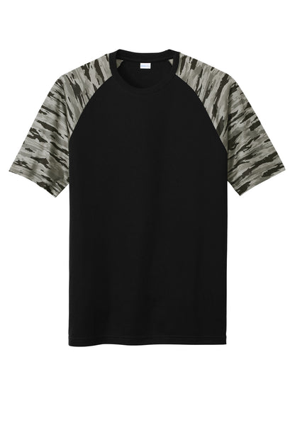 Front View of Black Sport-Tek Drift Camo Colorblock Tee ST376