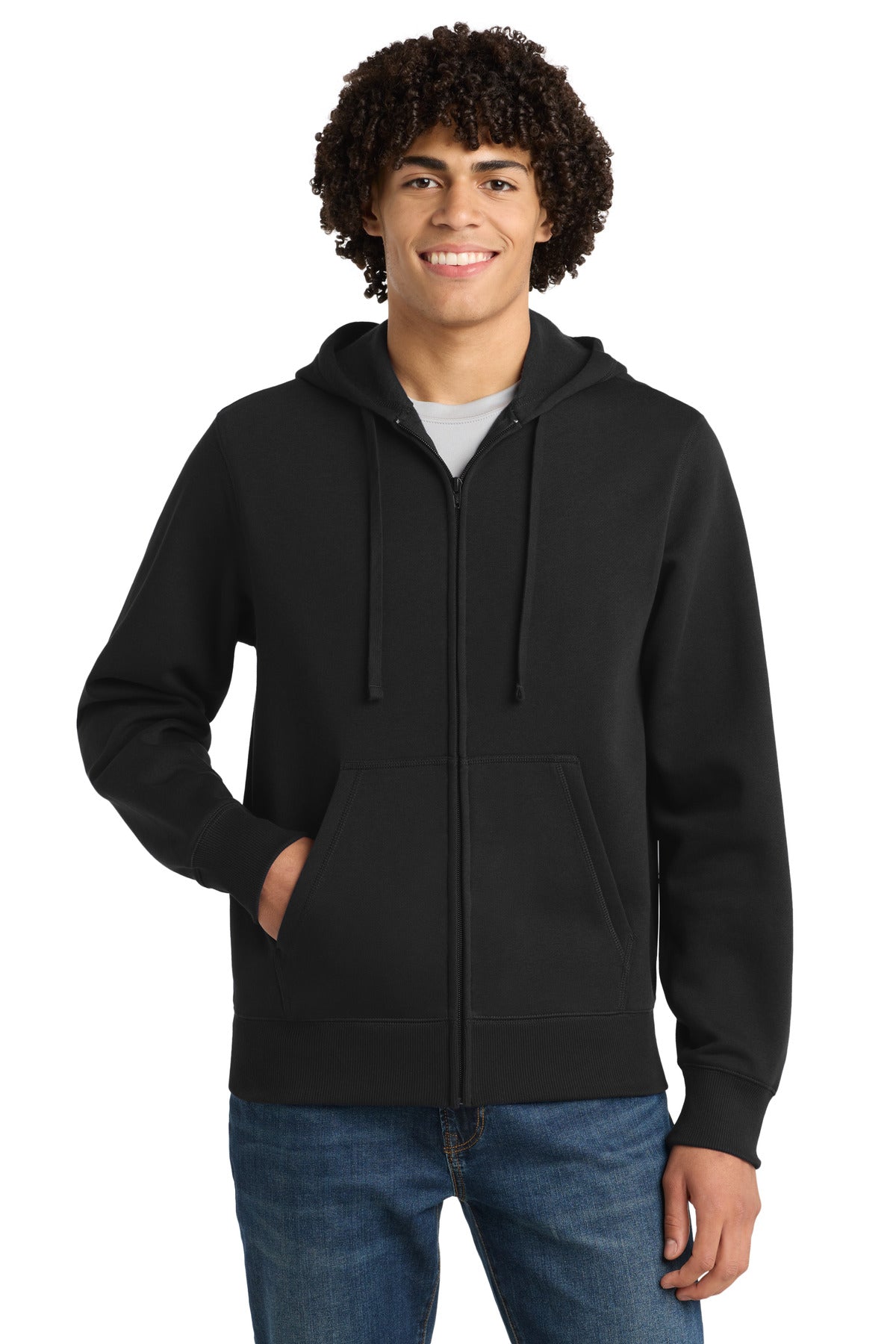 Front View of Black Sport-Tek Full-Zip Hooded Sweatshirt. ST258