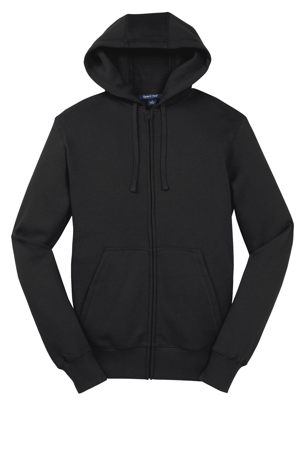 Front View of Black Sport-Tek Full-Zip Hooded Sweatshirt. ST258