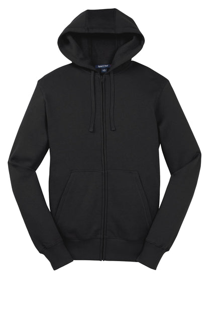Front View of Black Sport-Tek Full-Zip Hooded Sweatshirt. ST258