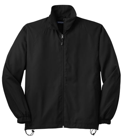 Front View of Black Sport-Tek Full-Zip Wind Jacket. JST70