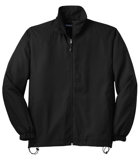 Front View of Black Sport-Tek Full-Zip Wind Jacket. JST70