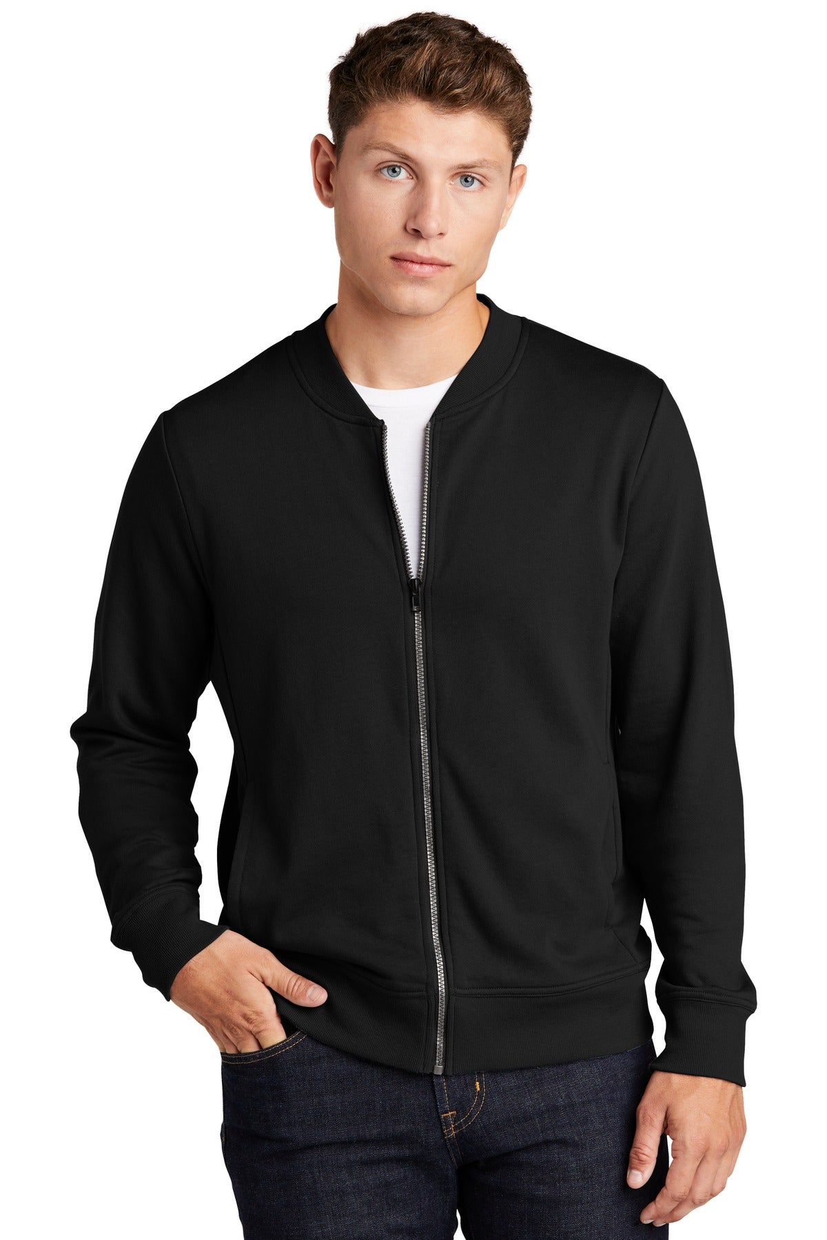 Front View of Black Sport-Tek Lightweight French Terry Bomber. ST274