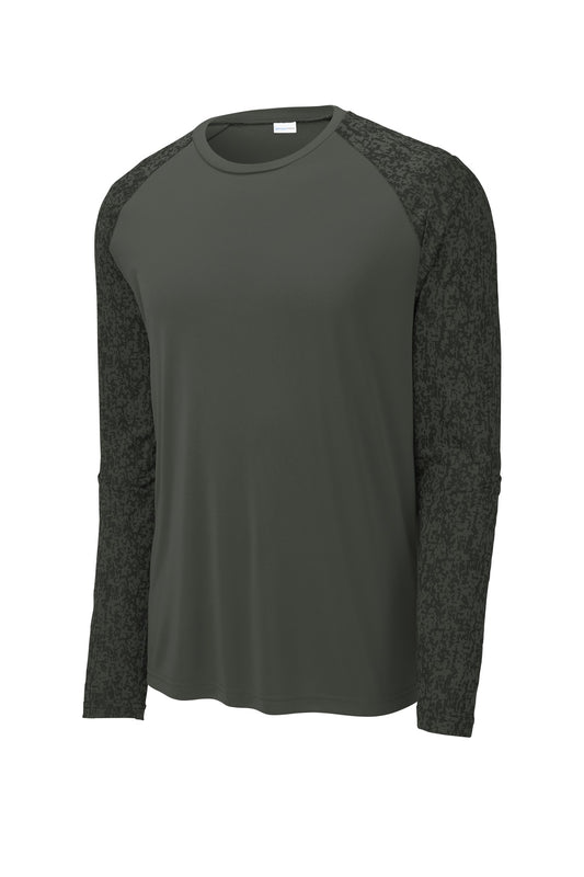 Front View of Black Sport-Tek Long Sleeve Digi Camo Tee. ST460LS