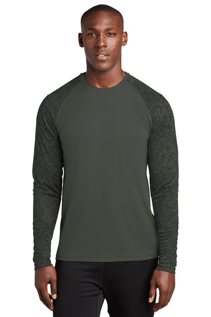 Front View of Black Sport-Tek Long Sleeve Digi Camo Tee. ST460LS