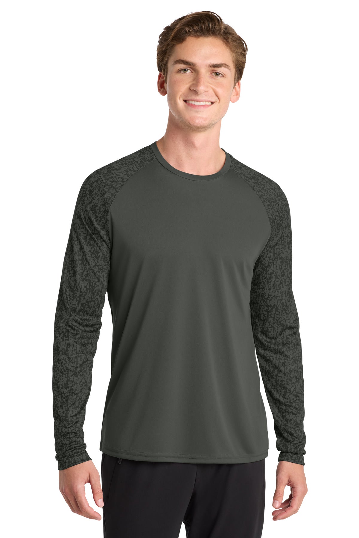 Front View of Black Sport-Tek Long Sleeve Digi Camo Tee. ST460LS